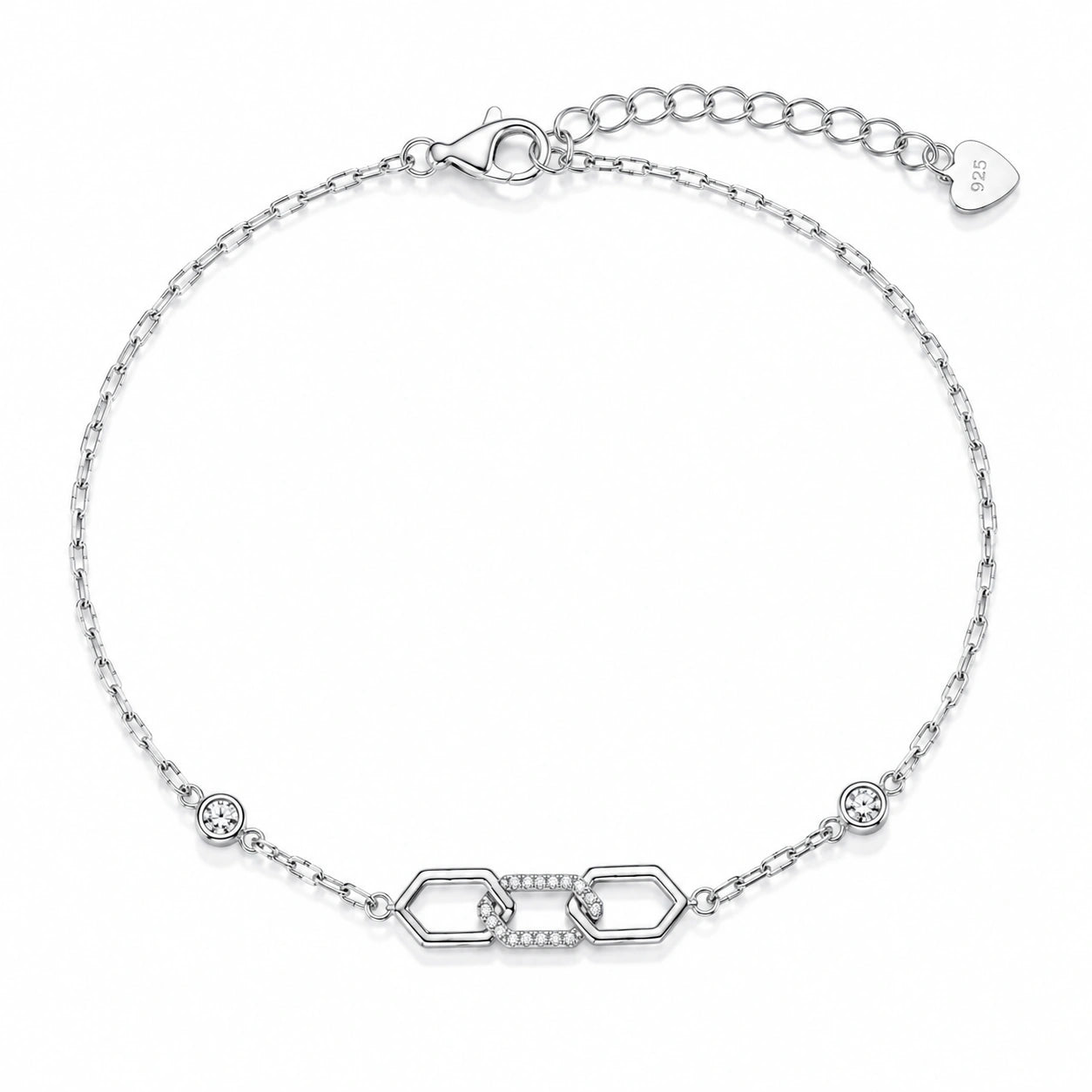 Geometric Link Charm 925 Sterling Silver Bracelet for Women