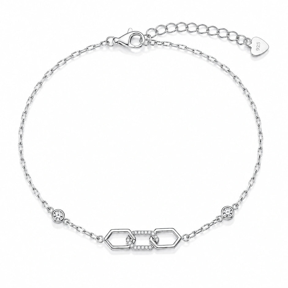 Geometric Link Charm 925 Sterling Silver Bracelet for Women