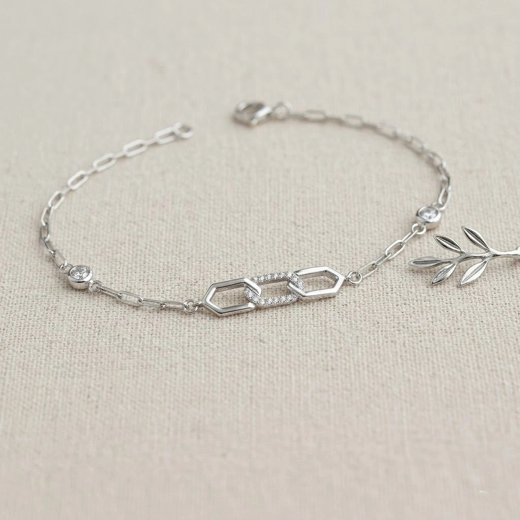Geometric Link Charm 925 Sterling Silver Bracelet for Women