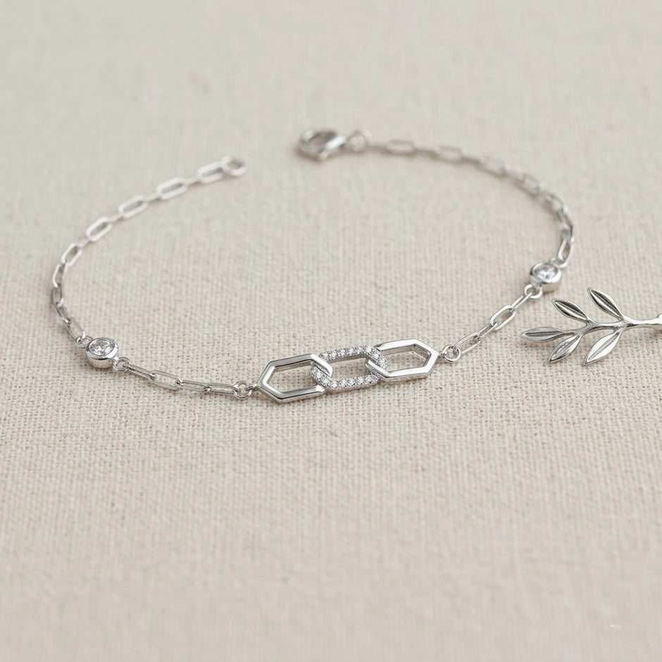 Geometric Link Charm 925 Sterling Silver Bracelet for Women