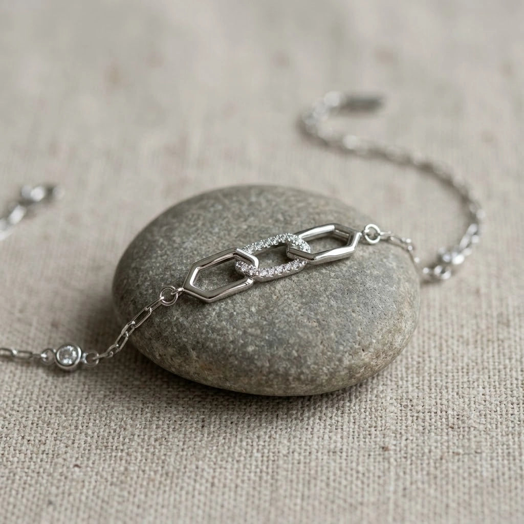 Geometric Link Charm 925 Sterling Silver Bracelet for Women