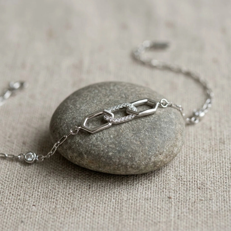 Geometric Link Charm 925 Sterling Silver Bracelet for Women