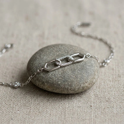 Geometric Link Charm 925 Sterling Silver Bracelet for Women