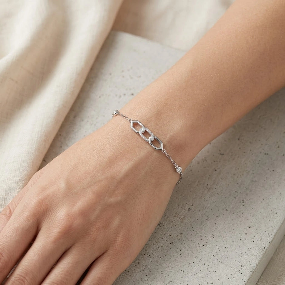 Geometric Link Charm 925 Sterling Silver Bracelet for Women
