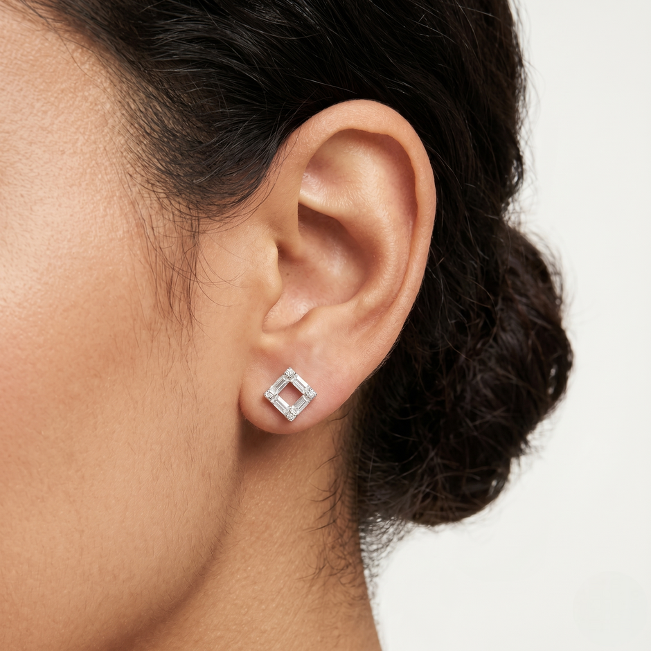 Geometric Square Baguette CZ Diamond 925 Sterling Silver Stud Earrings for Women