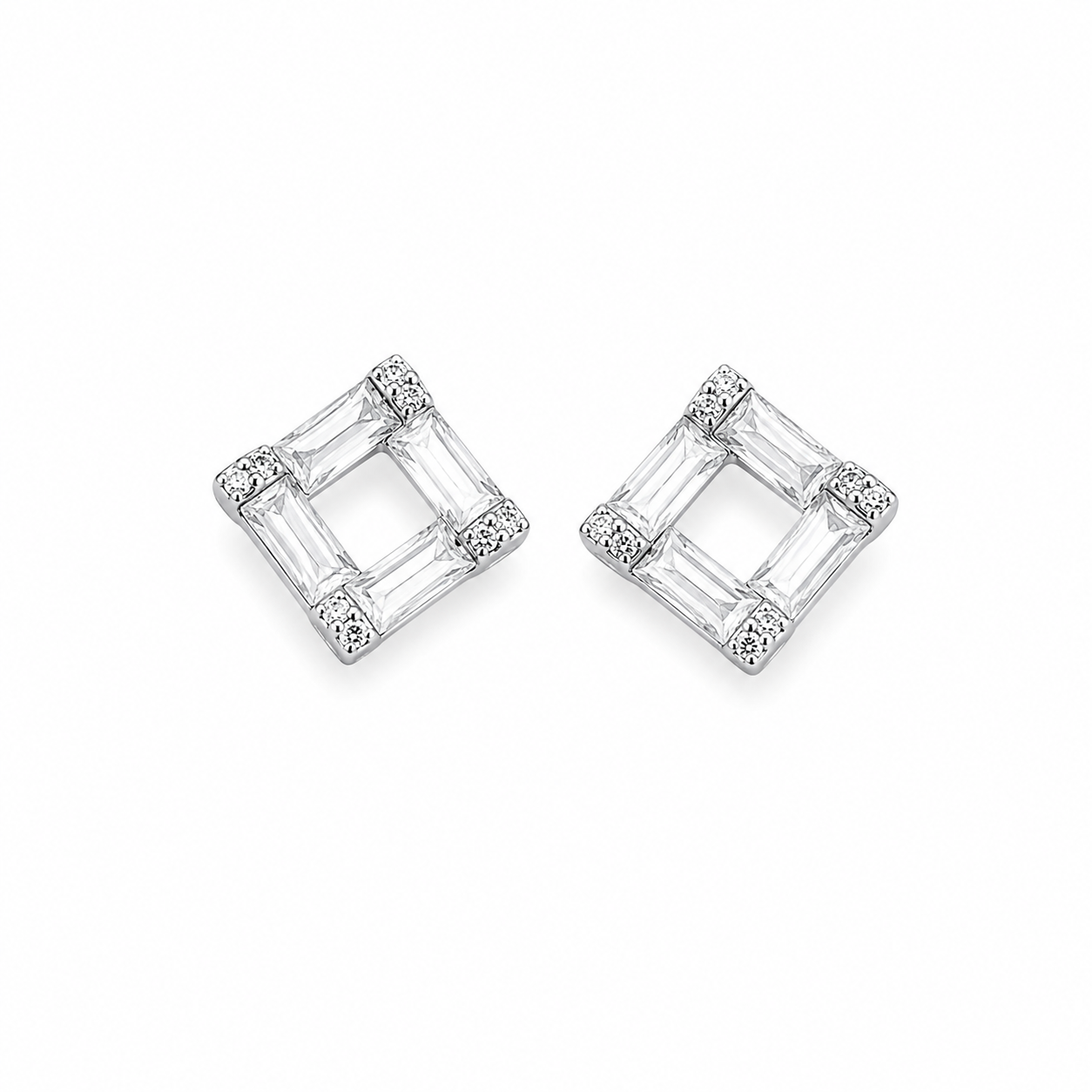Geometric Square Baguette CZ Diamond 925 Sterling Silver Stud Earrings for Women