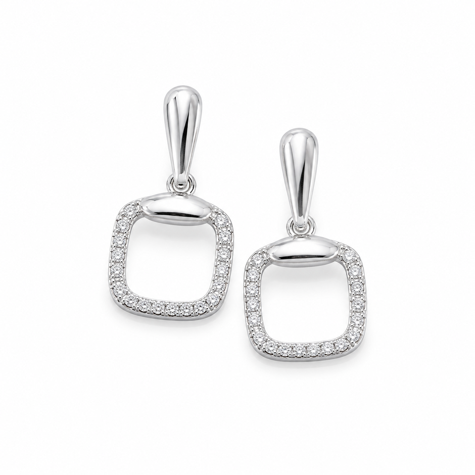 925 Sterling Silver Geometric Square Drop Earrings with Cubic Zirconia for Women