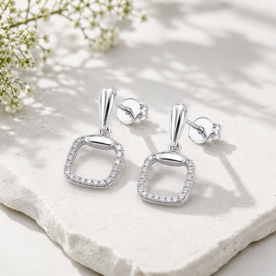925 Sterling Silver Geometric Square Drop Earrings with Cubic Zirconia for Women