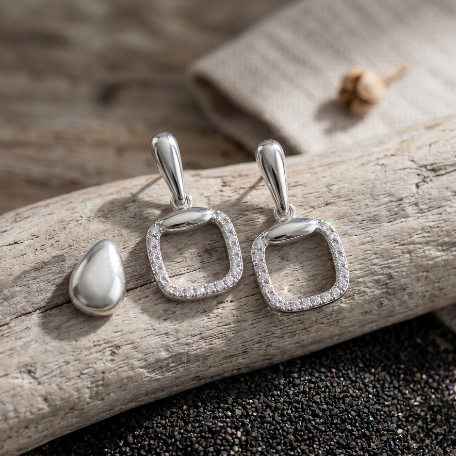 925 Sterling Silver Geometric Square Drop Earrings with Cubic Zirconia for Women