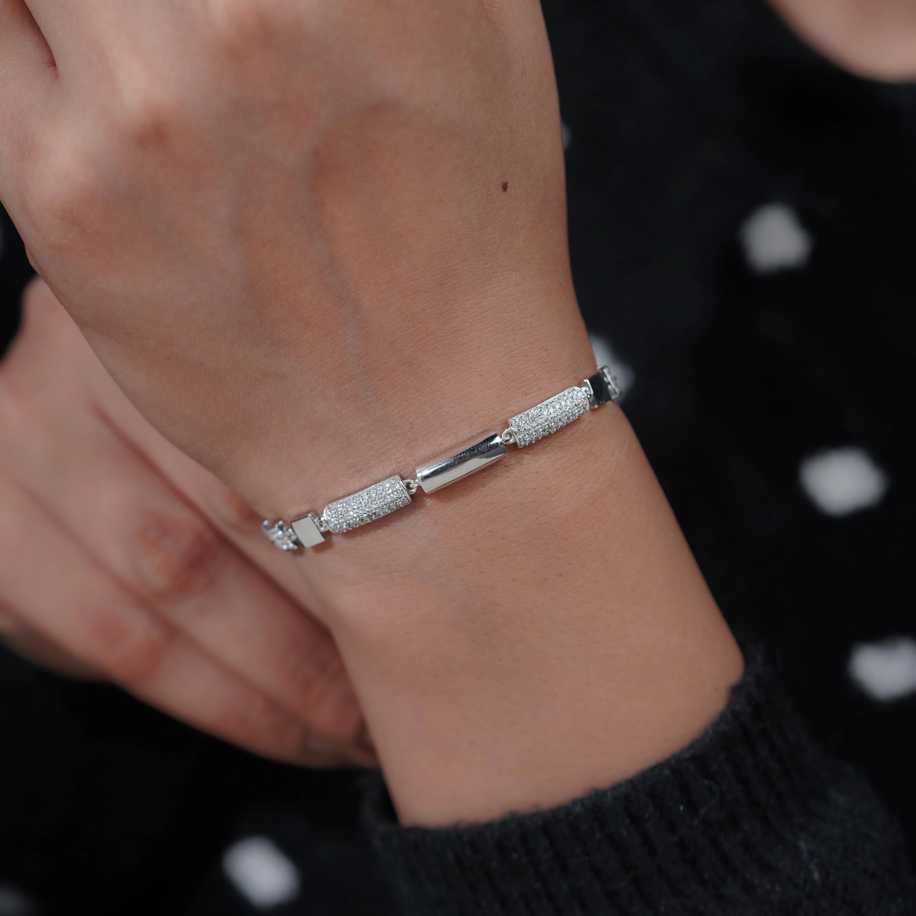 Geometric Diamond Link Silver Bracelet for Women