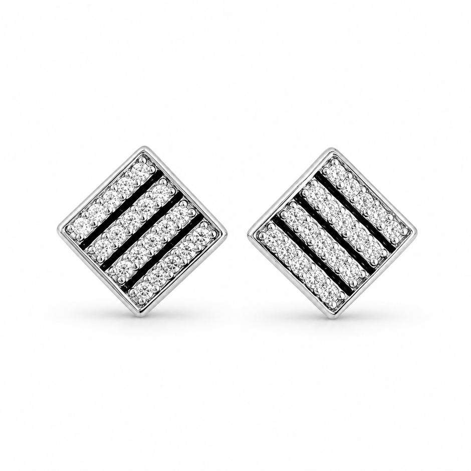 Geometric Stripe CZ Diamond 925 Sterling Silver Stud Earrings for Men & Women