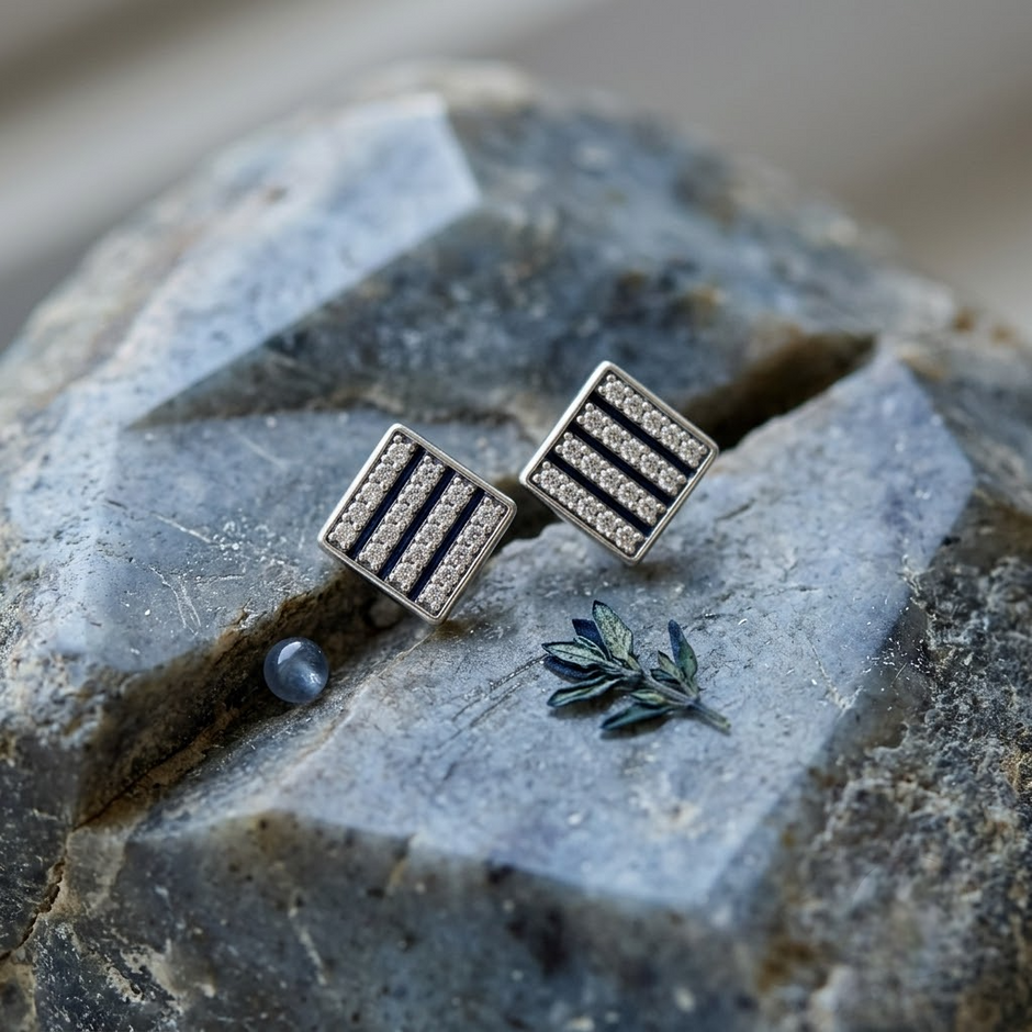 Geometric Stripe CZ Diamond 925 Sterling Silver Stud Earrings for Men & Women