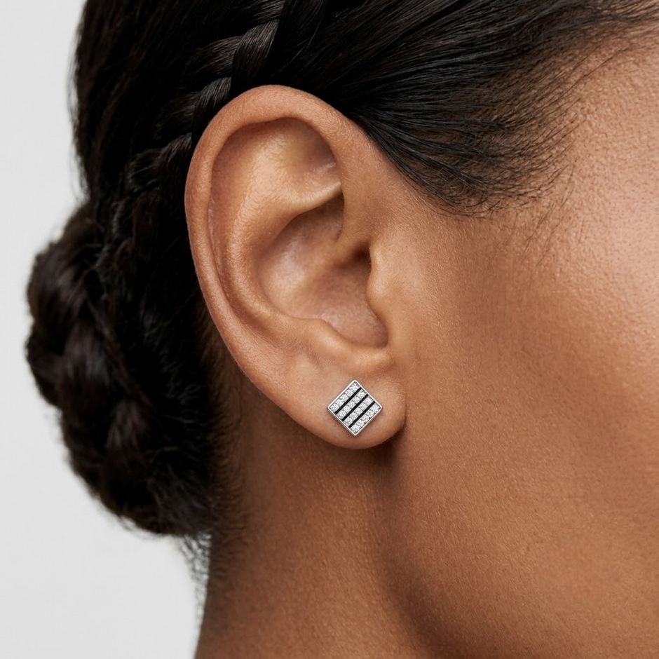 Geometric Stripe CZ Diamond 925 Sterling Silver Stud Earrings for Men & Women