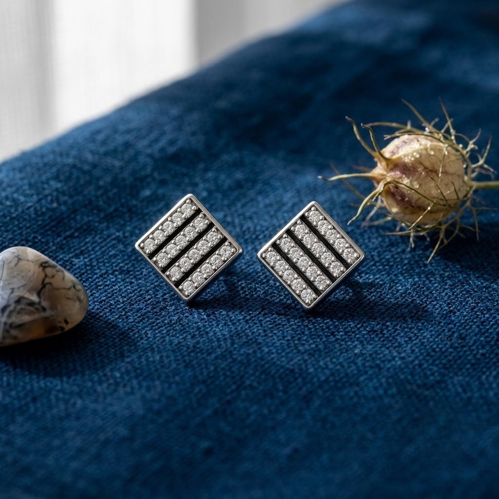 Geometric Stripe CZ Diamond 925 Sterling Silver Stud Earrings for Men & Women