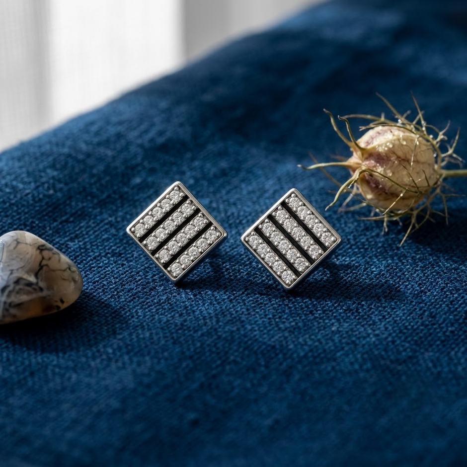 Geometric Stripe CZ Diamond 925 Sterling Silver Stud Earrings for Men & Women