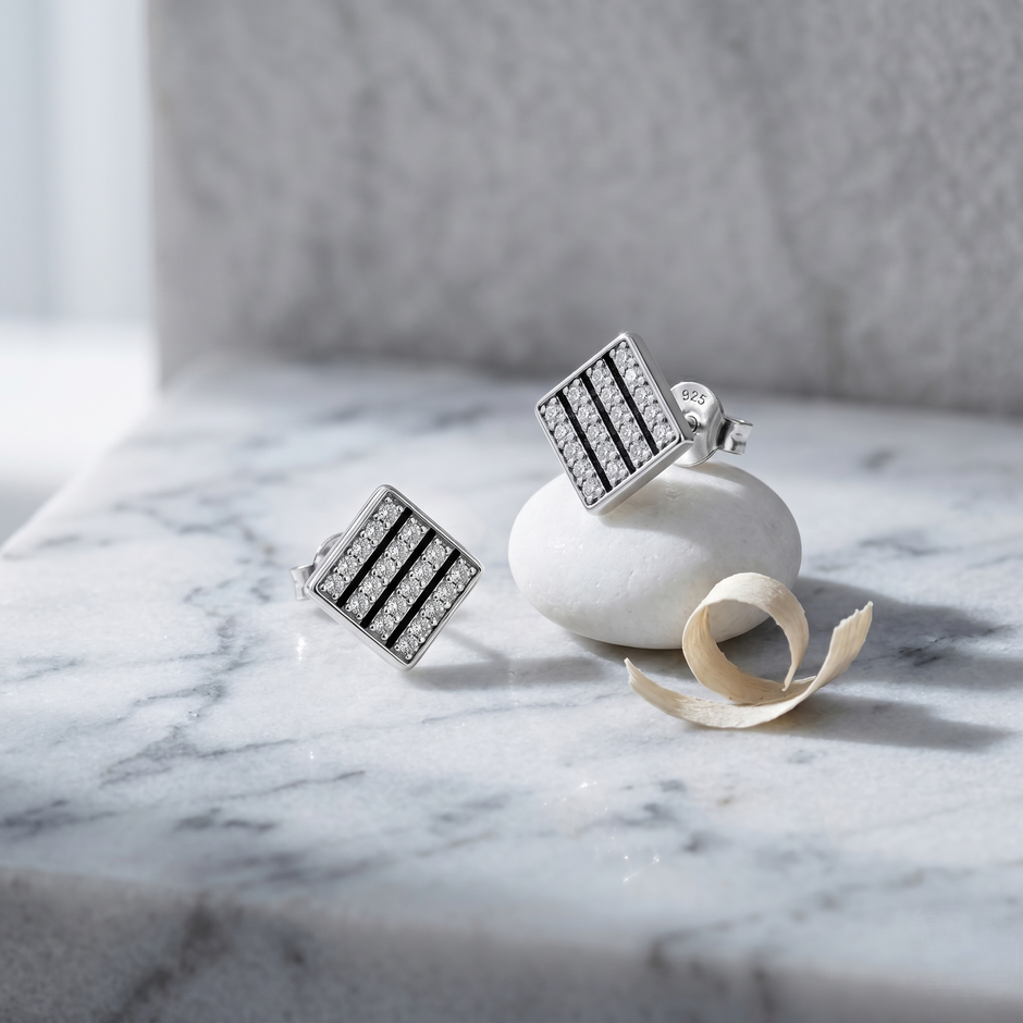 Geometric Stripe CZ Diamond 925 Sterling Silver Stud Earrings for Men & Women