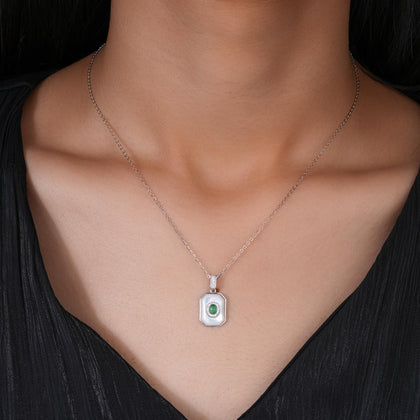 Geometric Emerald Glow Diamond 925 Sterling Silver Pendant Necklace for Women