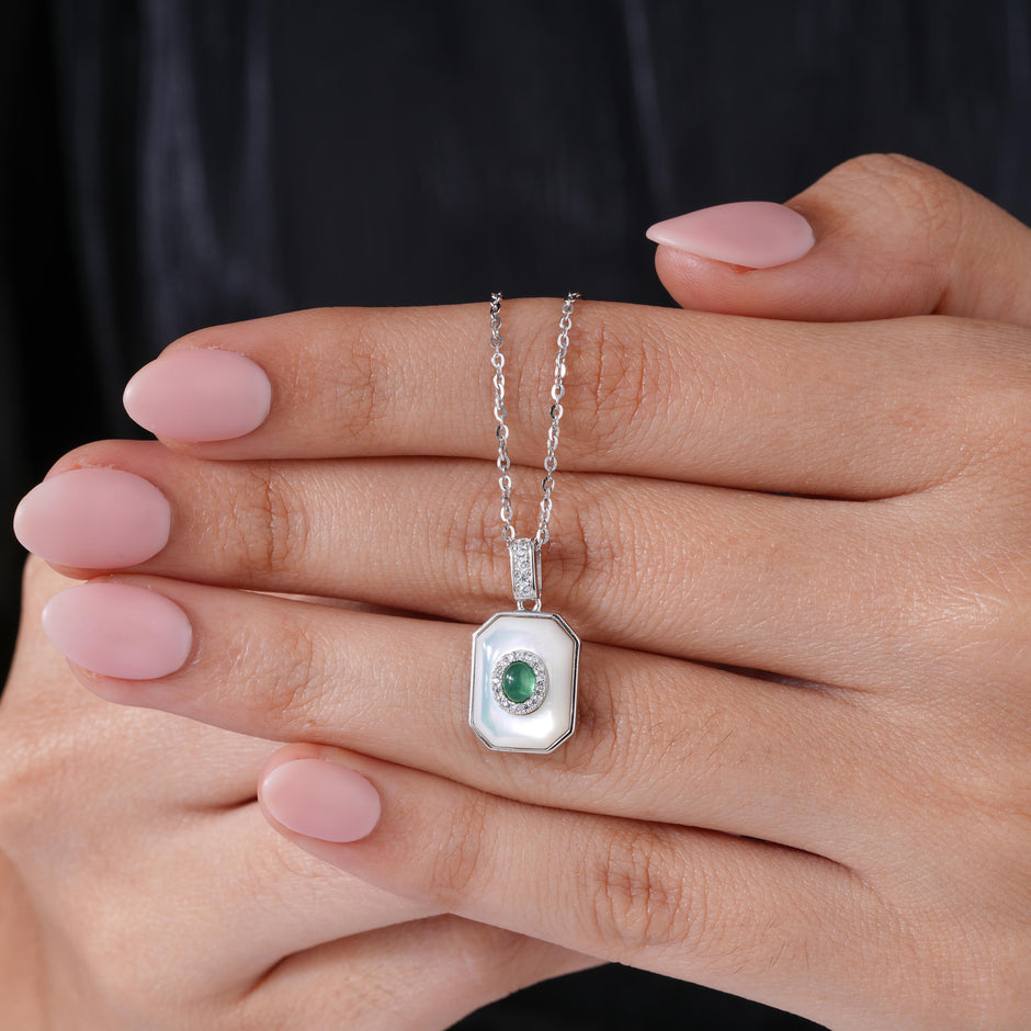 Geometric Emerald Glow Diamond 925 Sterling Silver Pendant Necklace for Women