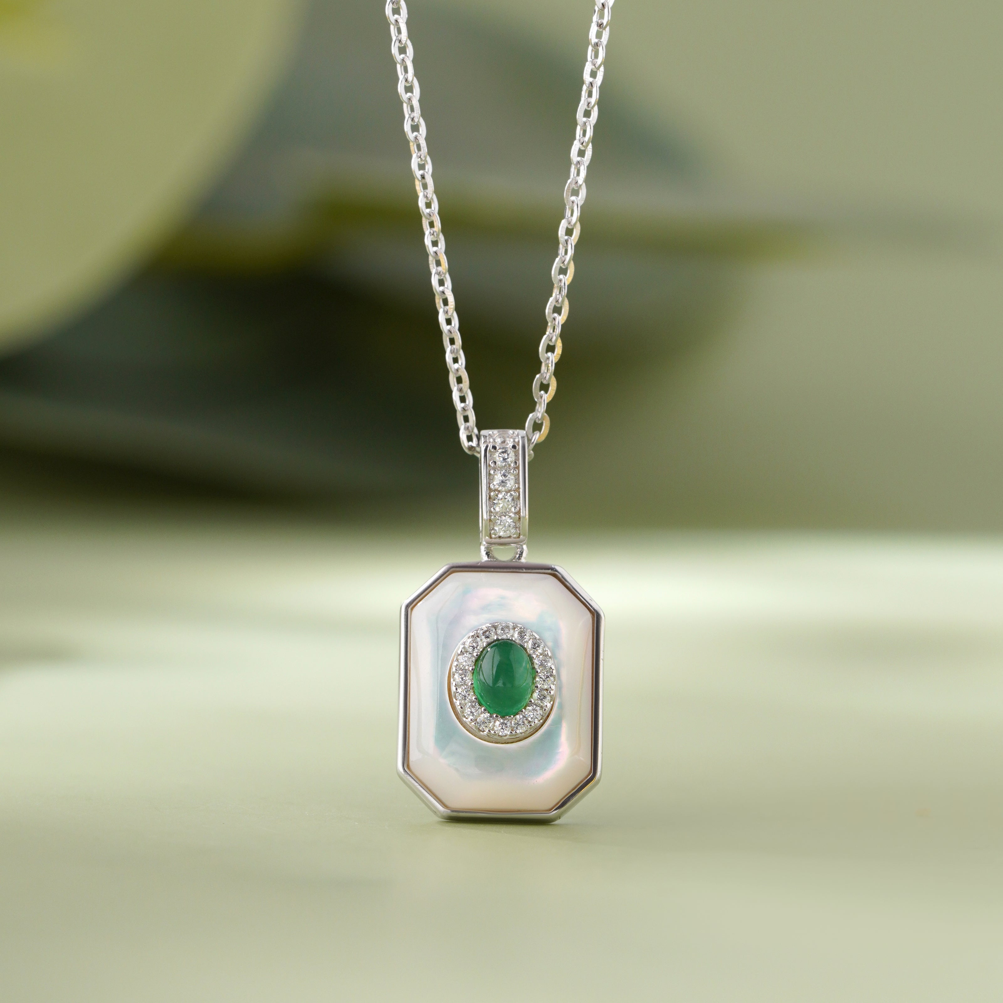 Geometric Emerald Glow Diamond 925 Sterling Silver Pendant Necklace for Women