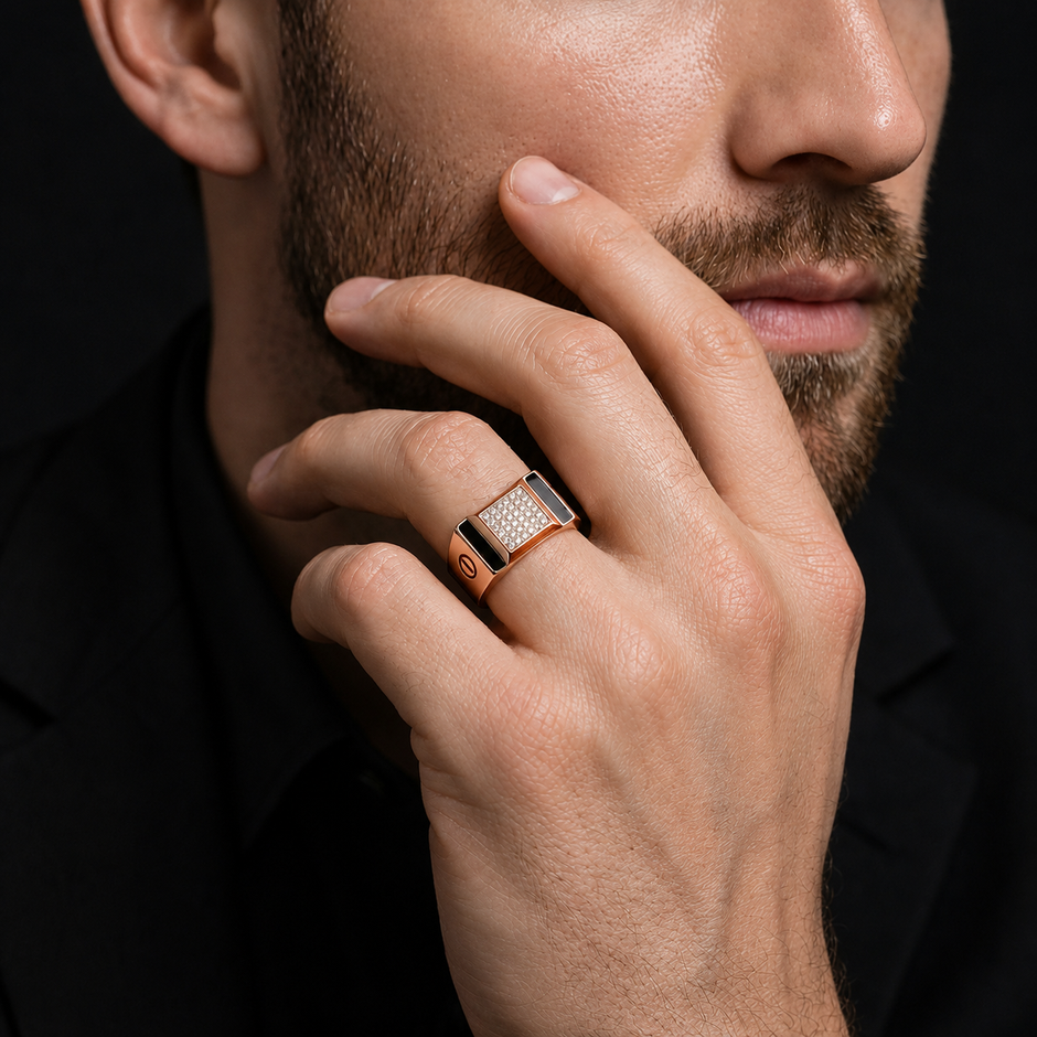 Rose Gold Rectangle Black CZ 925 Sterling Silver Ring for Men