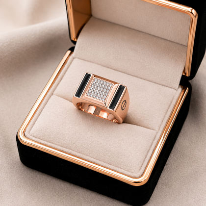 Rose Gold Rectangle Black CZ 925 Sterling Silver Ring for Men