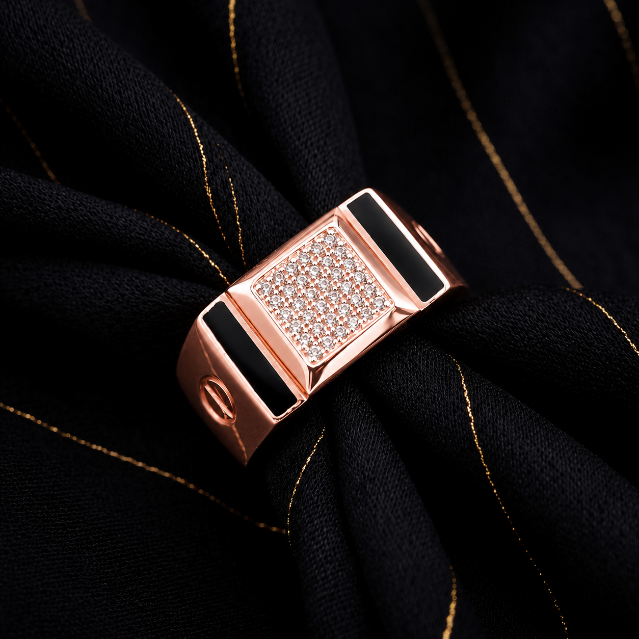 Rose Gold Rectangle Black CZ 925 Sterling Silver Ring for Men
