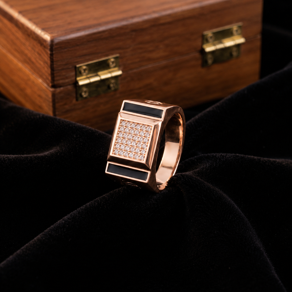 Rose Gold Rectangle Black CZ 925 Sterling Silver Ring for Men
