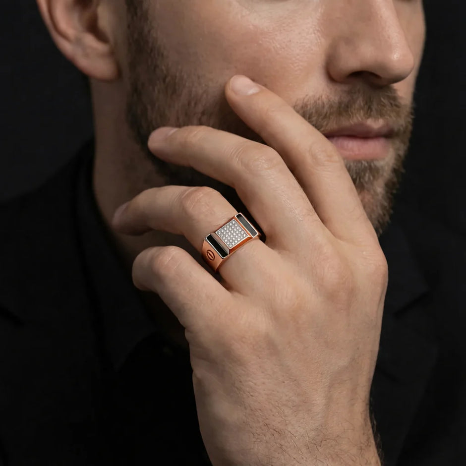 Rose Gold Rectangle Black CZ 925 Sterling Silver Ring for Men