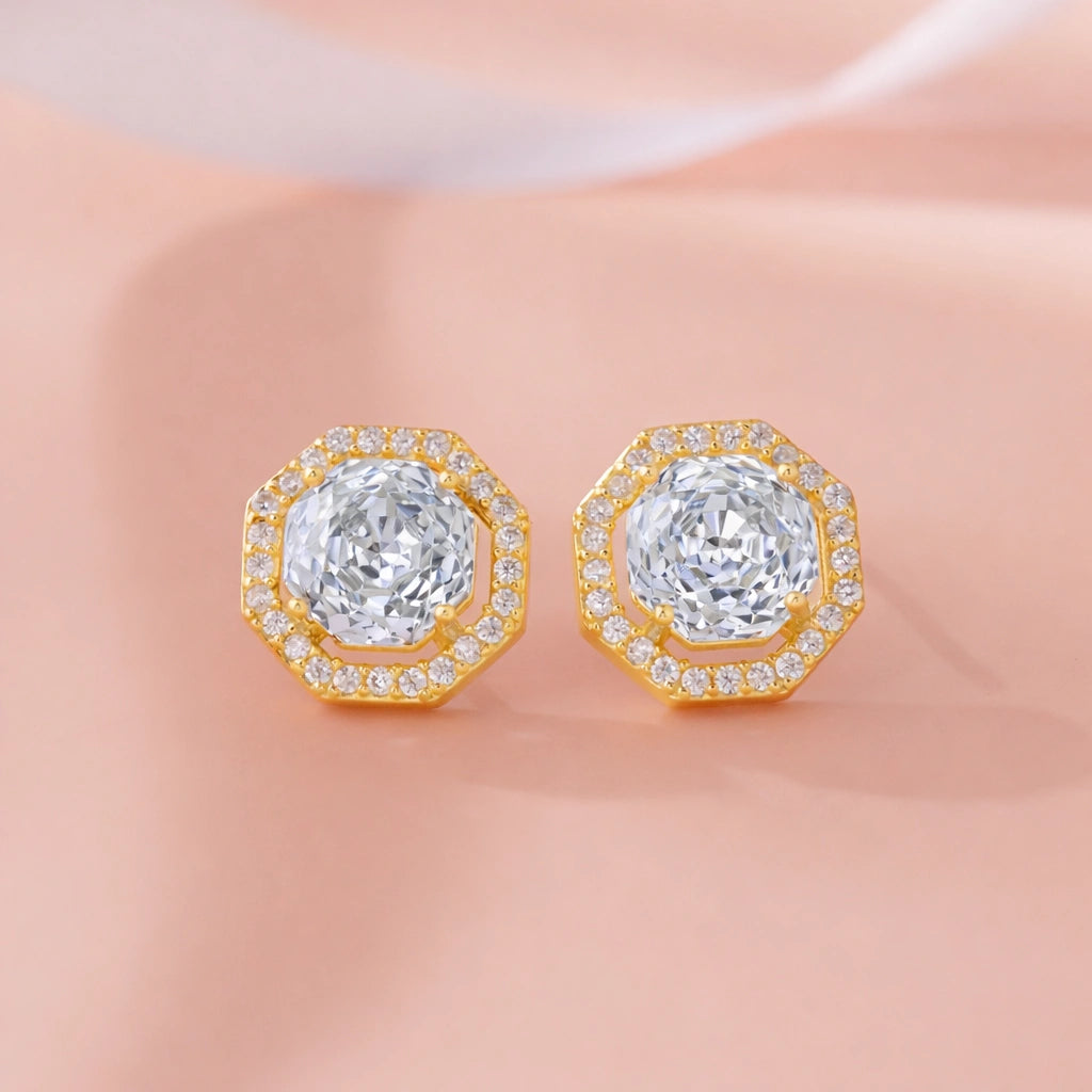Gold Finish Round Stone Stud Earrings