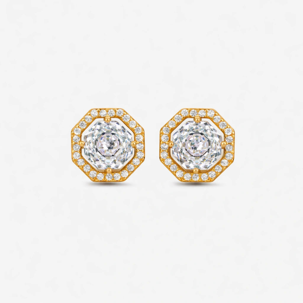 Gold Finish Round Stone Stud Earrings