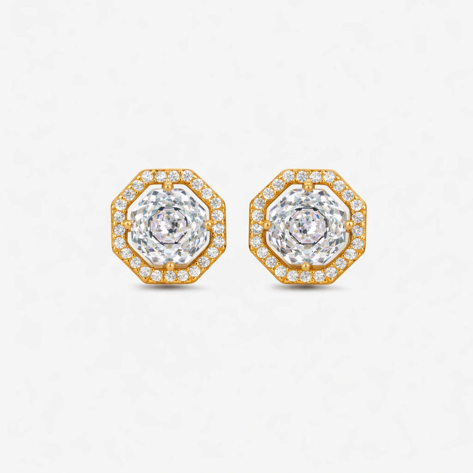 Gold Finish Round Stone Stud Earrings