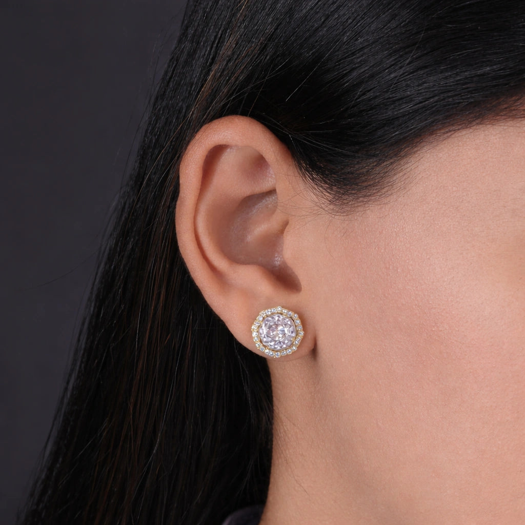 Gold Finish Round Stone Stud Earrings