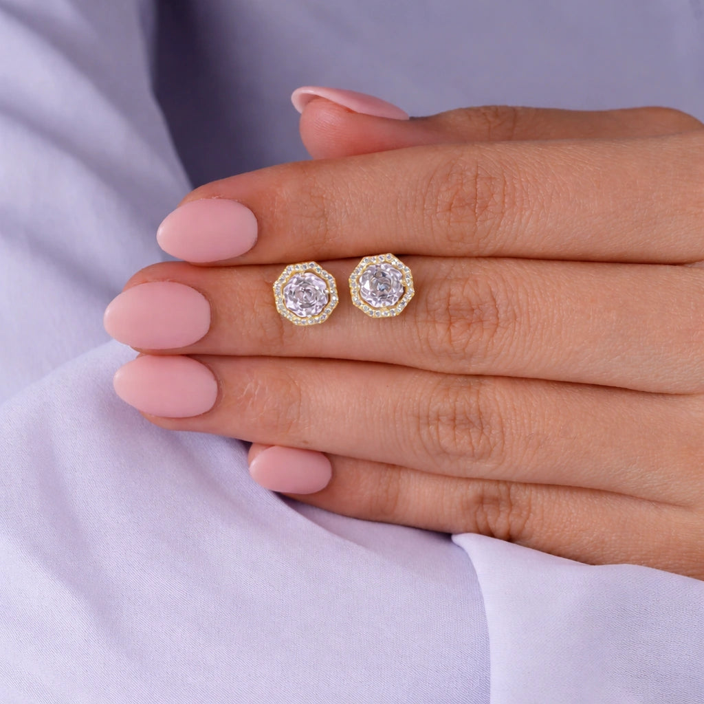 Gold Finish Round Stone Stud Earrings