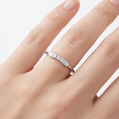 925 Sterling Silver Five-Stone Cubic Zirconia Stackable Ring for Women on Natural Slate Display