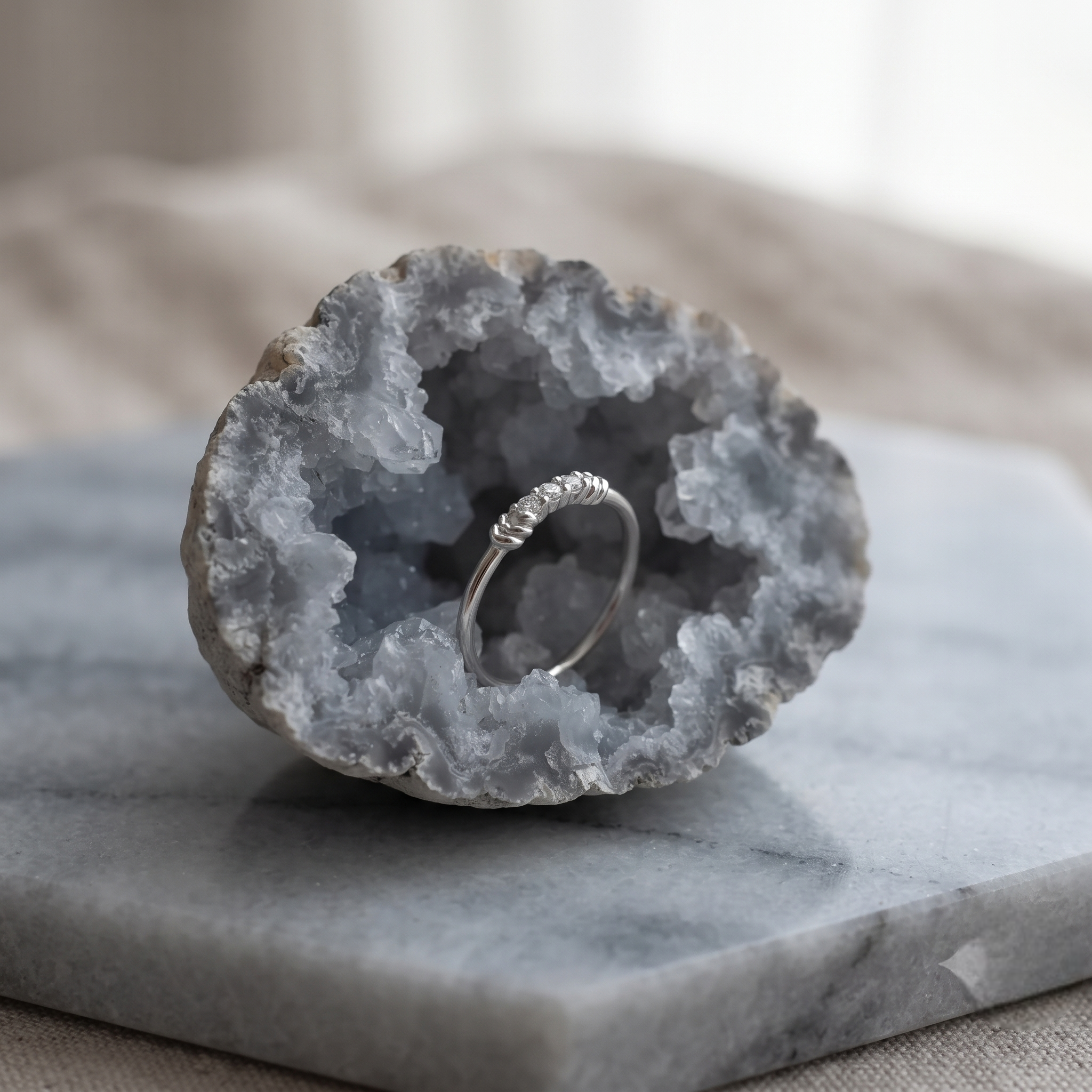 925 Sterling Silver Five-Stone Cubic Zirconia Stackable Ring for Women on Natural Slate Display