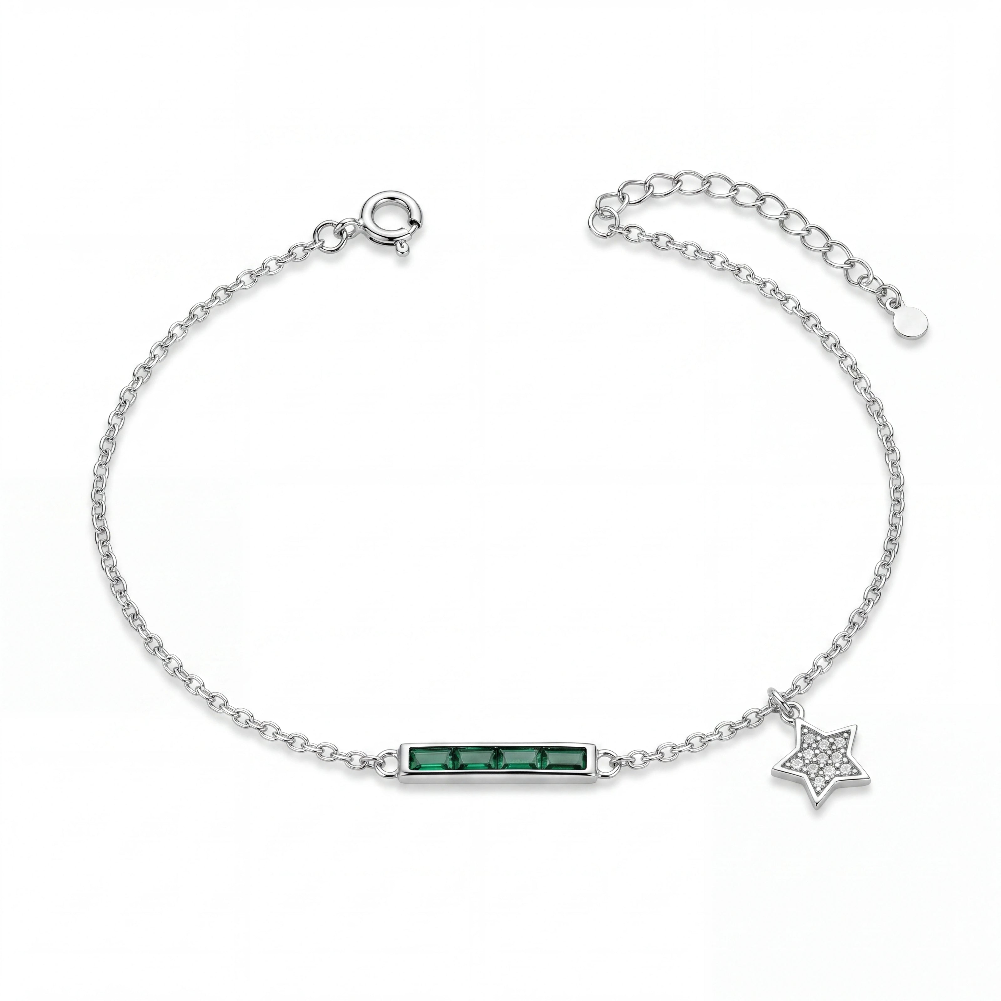 Silver 925 sterling silver green bar star bracelet for women