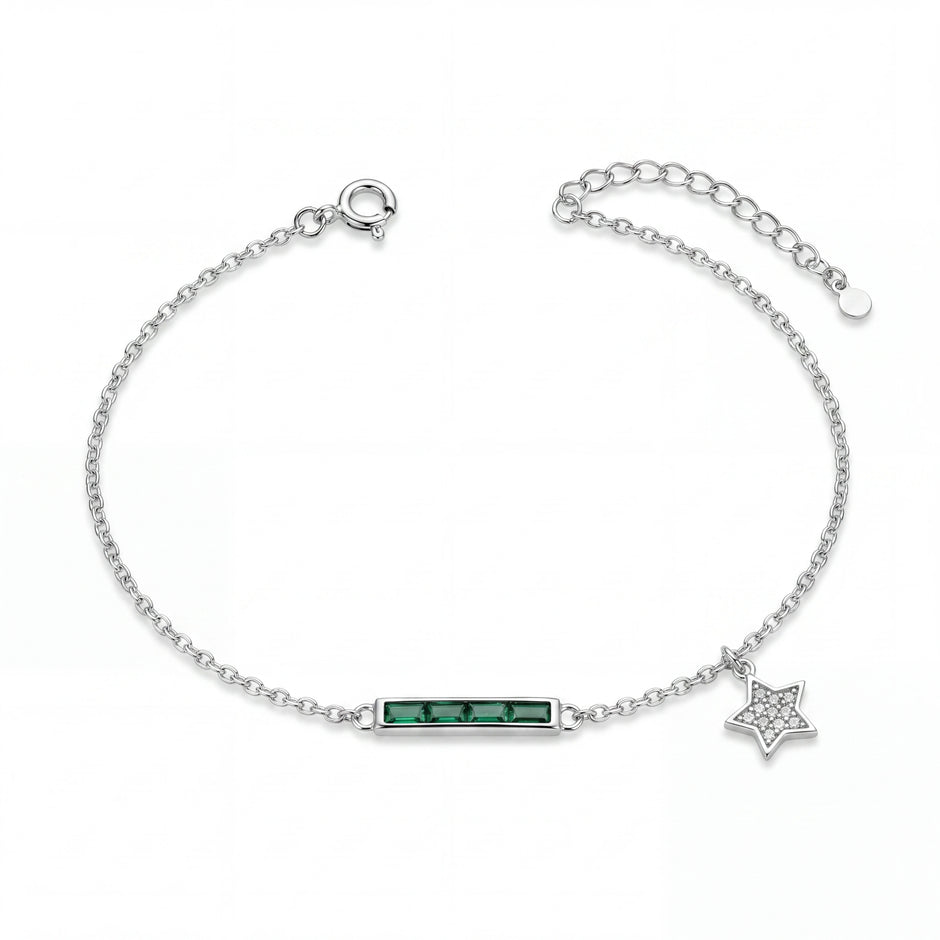 Silver 925 sterling silver green bar star bracelet for women