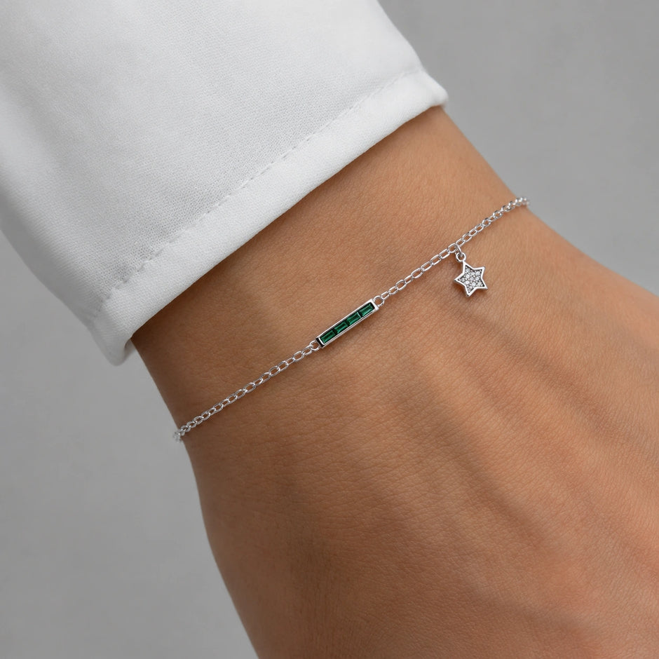 Silver 925 sterling silver green bar star bracelet for women