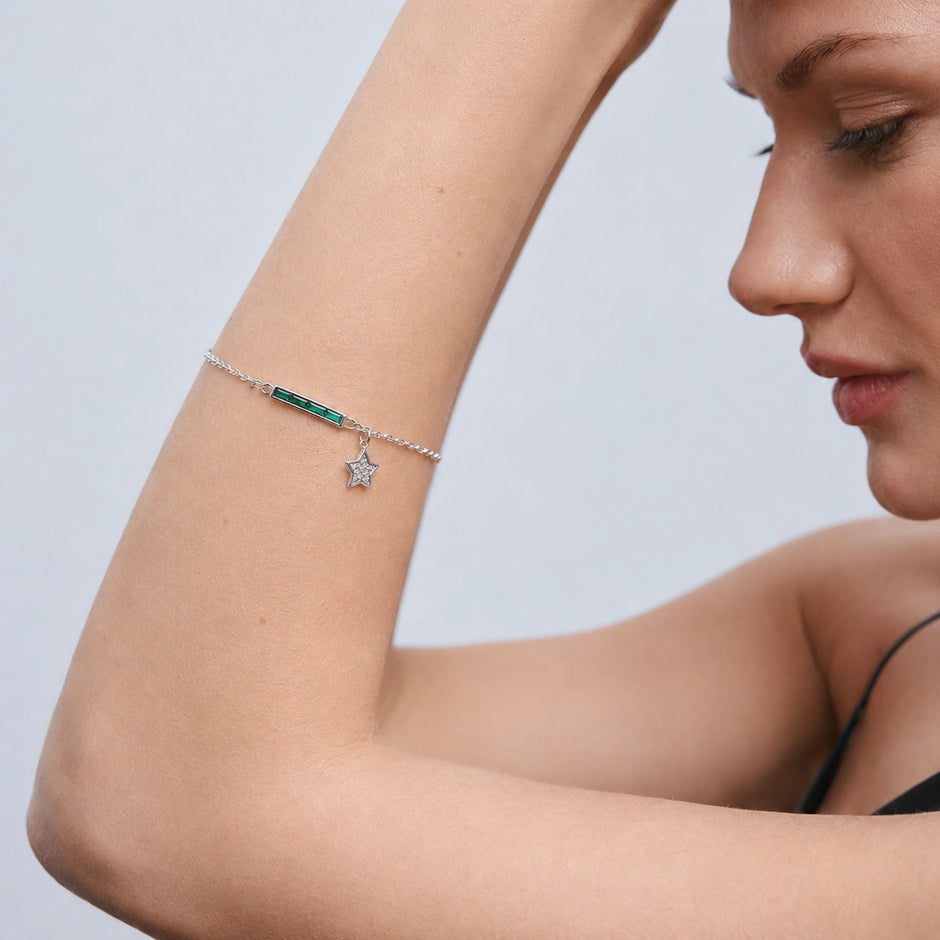 Silver 925 sterling silver green bar star bracelet for women