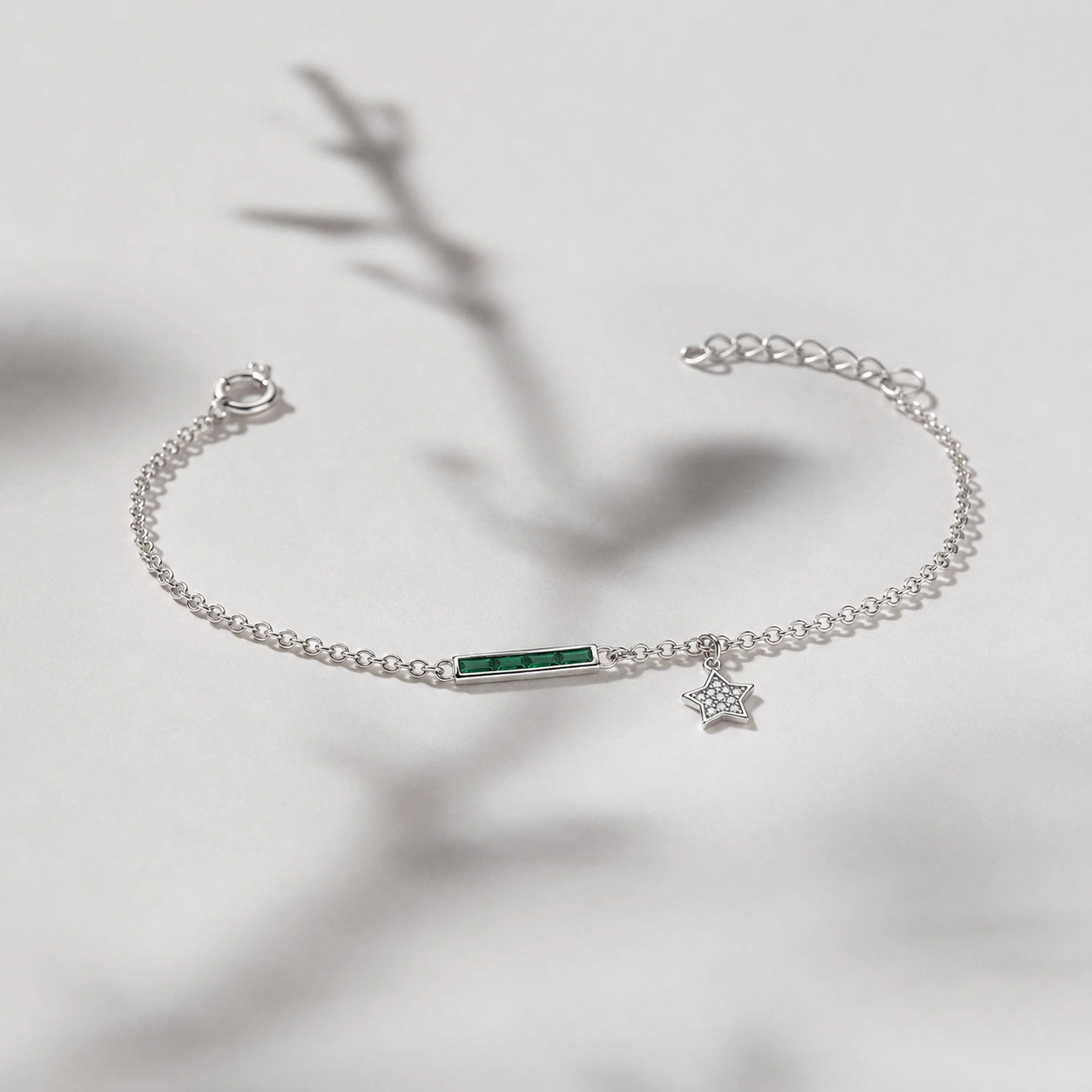 Silver 925 sterling silver green bar star bracelet for women