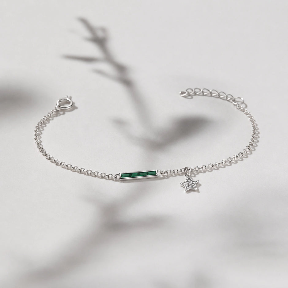 Silver 925 sterling silver green bar star bracelet for women
