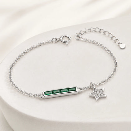 Silver 925 sterling silver green bar star bracelet for women