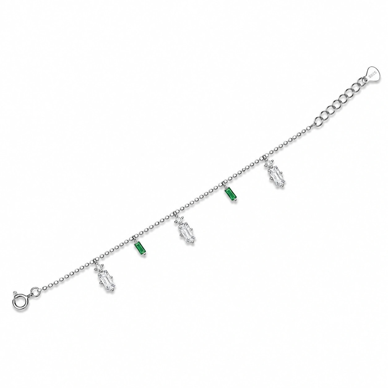 Green Bar & Teddy Bear Charm 925 Sterling Silver Bracelet for Women