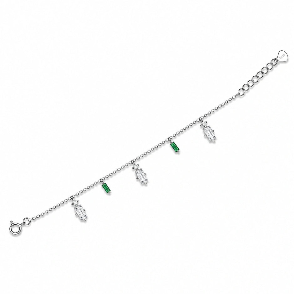 Green Bar & Teddy Bear Charm 925 Sterling Silver Bracelet for Women