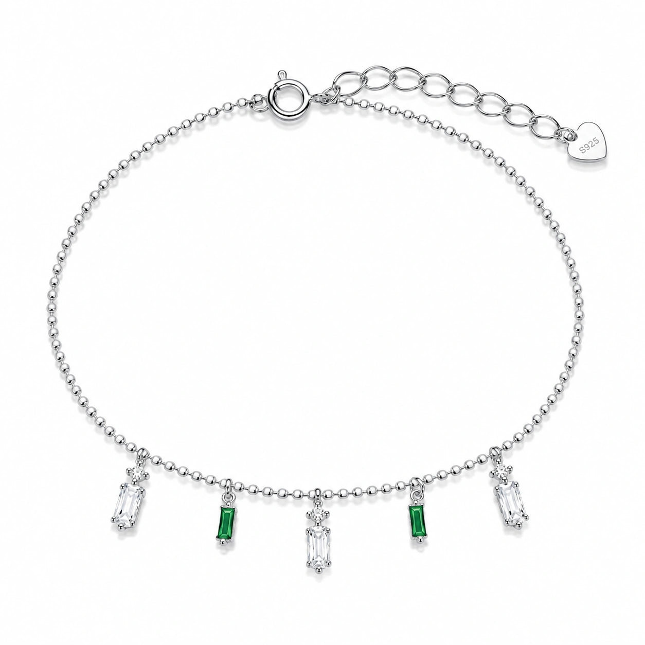 Green Bar & Teddy Bear Charm 925 Sterling Silver Bracelet for Women