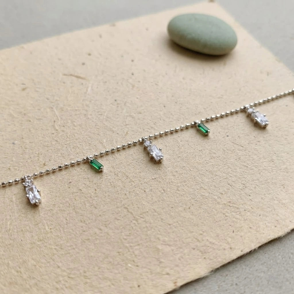 Green Bar & Teddy Bear Charm 925 Sterling Silver Bracelet for Women