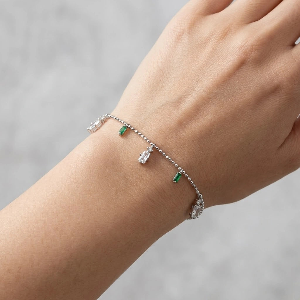 Green Bar & Teddy Bear Charm 925 Sterling Silver Bracelet for Women