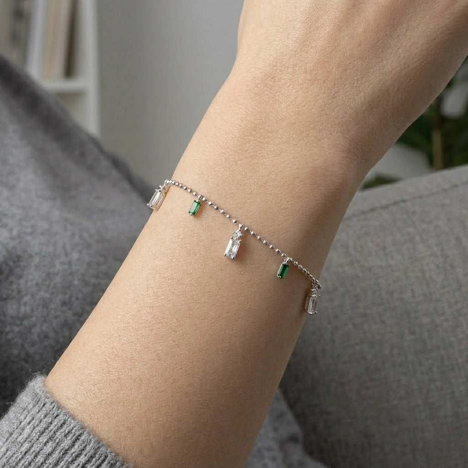 Green Bar & Teddy Bear Charm 925 Sterling Silver Bracelet for Women
