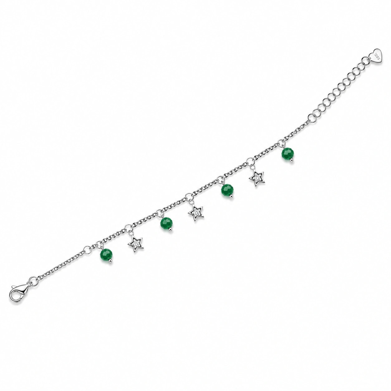 925 Sterling Silver Green Bead & Star Charm Bracelet for Women