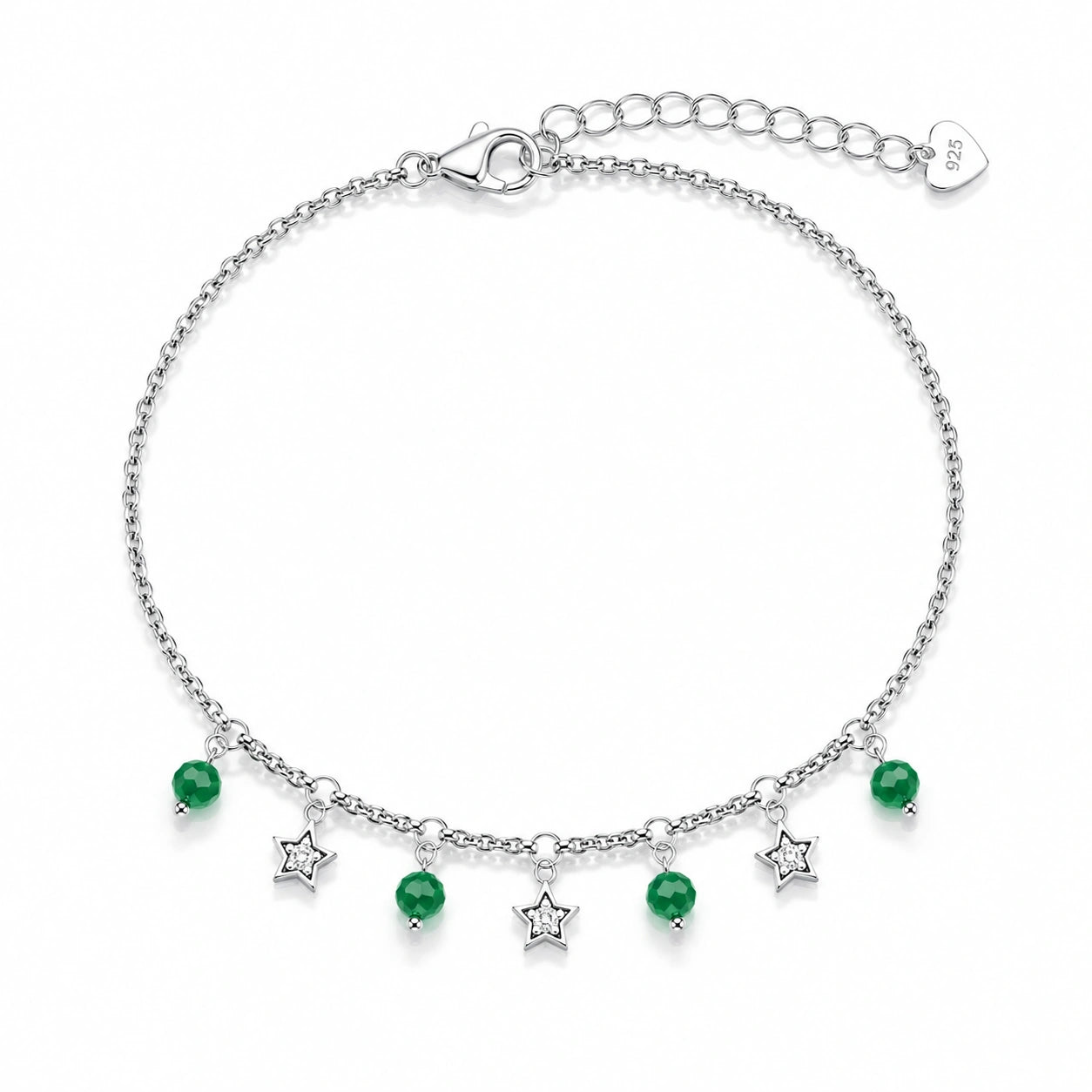 925 Sterling Silver Green Bead & Star Charm Bracelet for Women